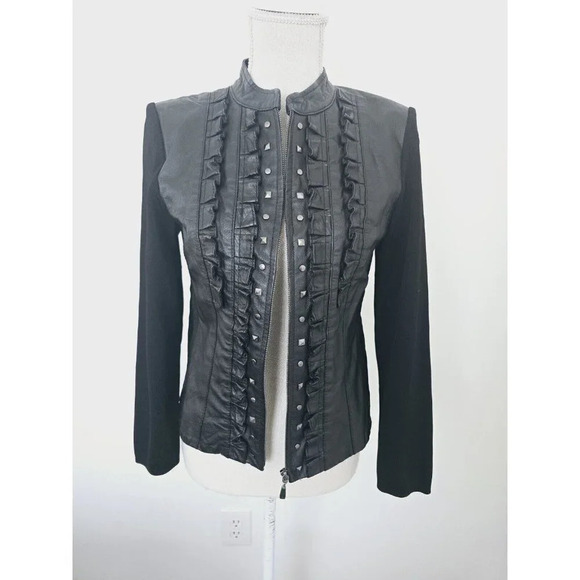 Peter Nygard Leather Ruffle Studded Knit Zip Motorcycle Jacket Small Petite SP - Picture 4 of 9